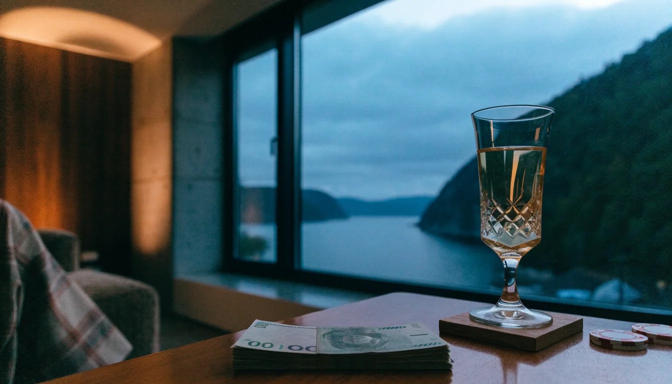 Norske 200-kronersedler og casinobrikker på et stuebord i en moderne norsk leilighet ved fjorden.