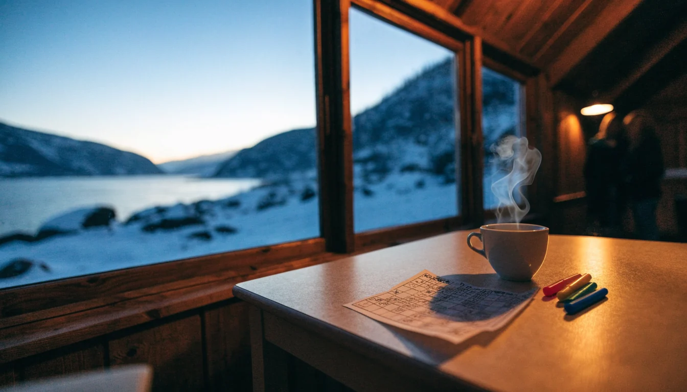 Koselig norsk hytte med bingobrett og kaffe ved vinduet