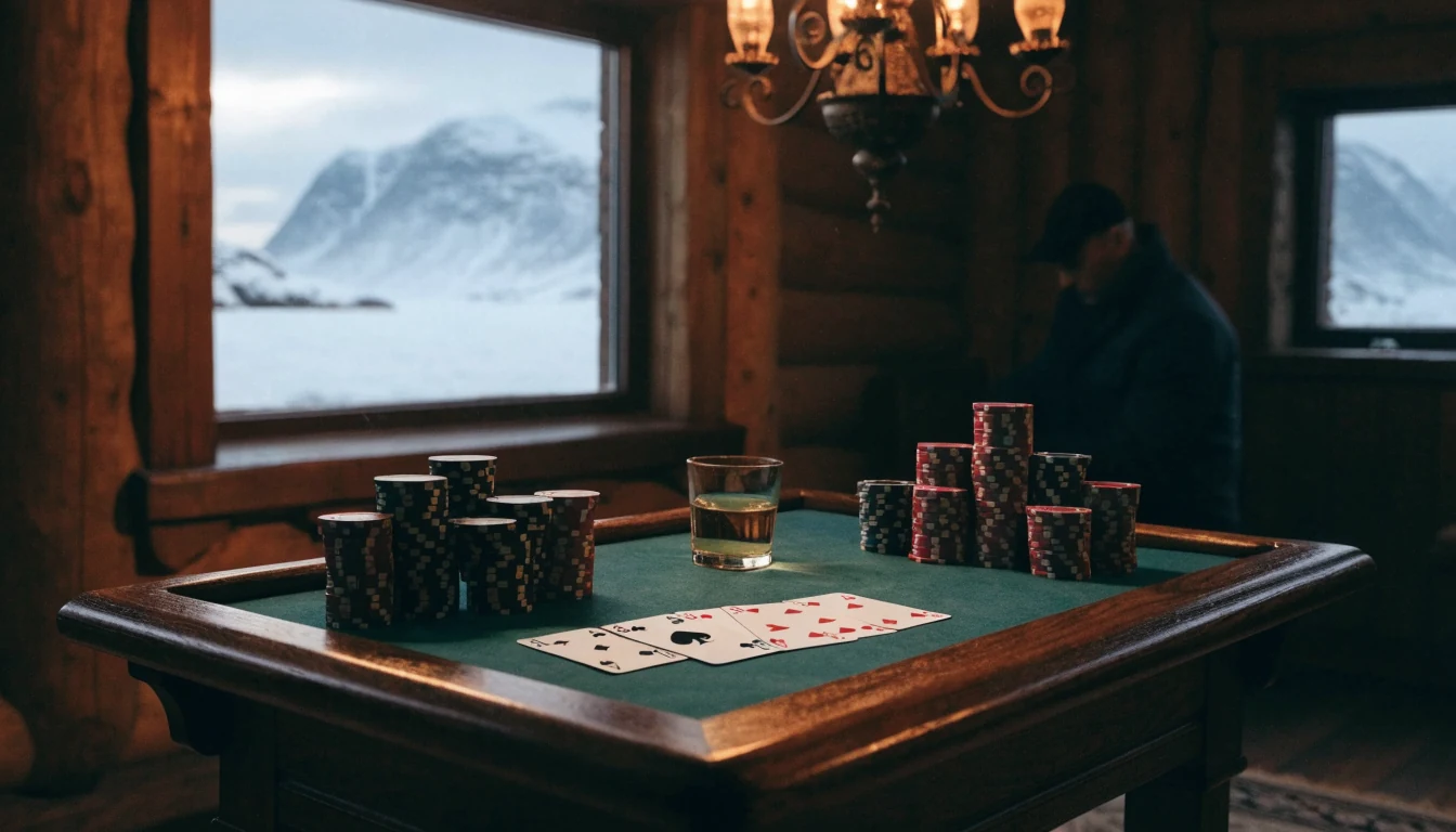 Blackjack-bord med jetonger og kort i en norsk hytte med fjordutsikt