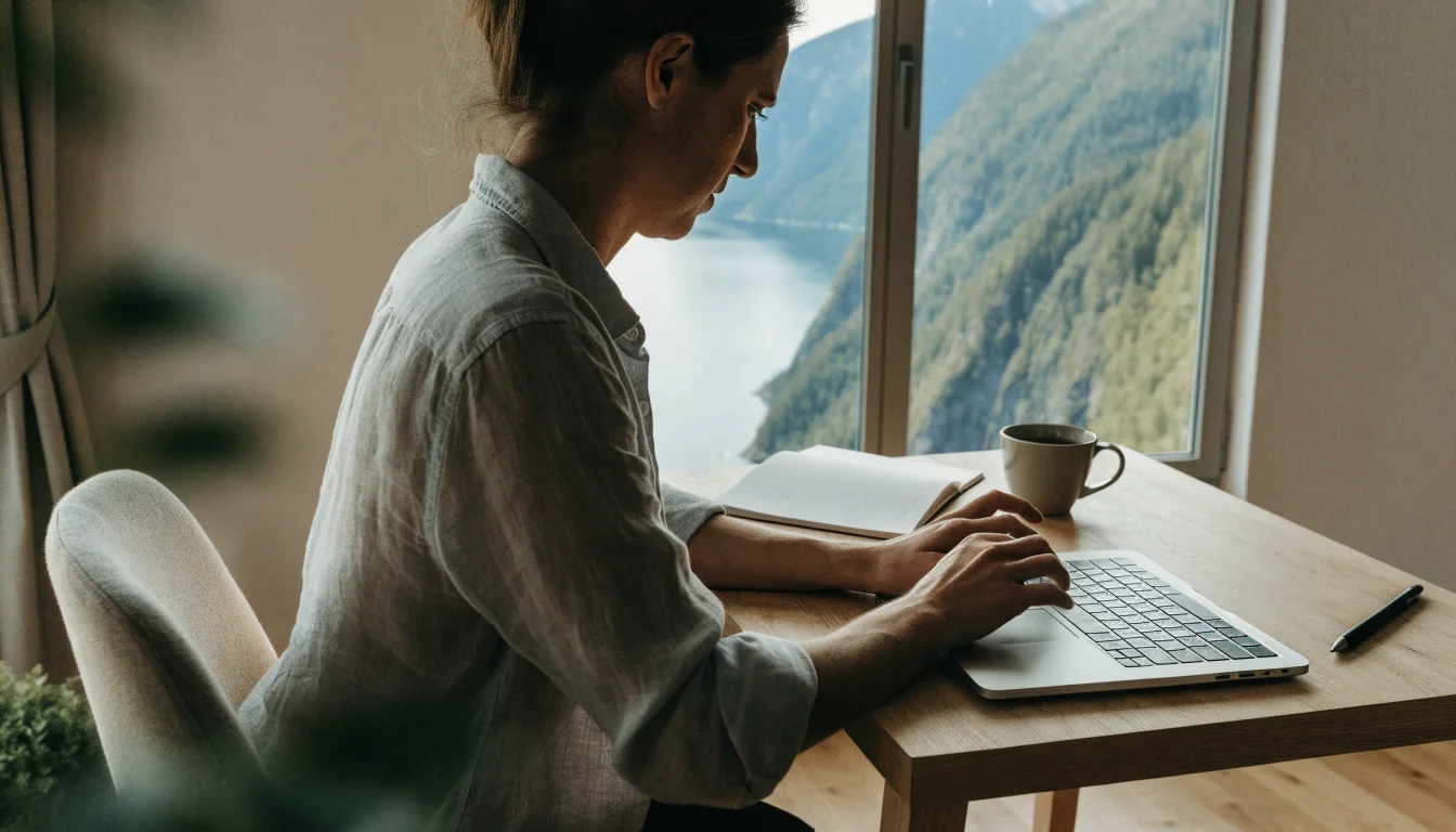 Person som skriver på laptop ved et nordisk skrivebord med utsikt over en norsk fjord.