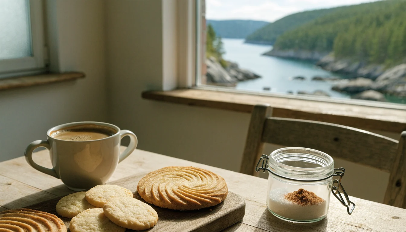 Ferske norske småkaker på trebrett med kaffekopp og fjordutsikt