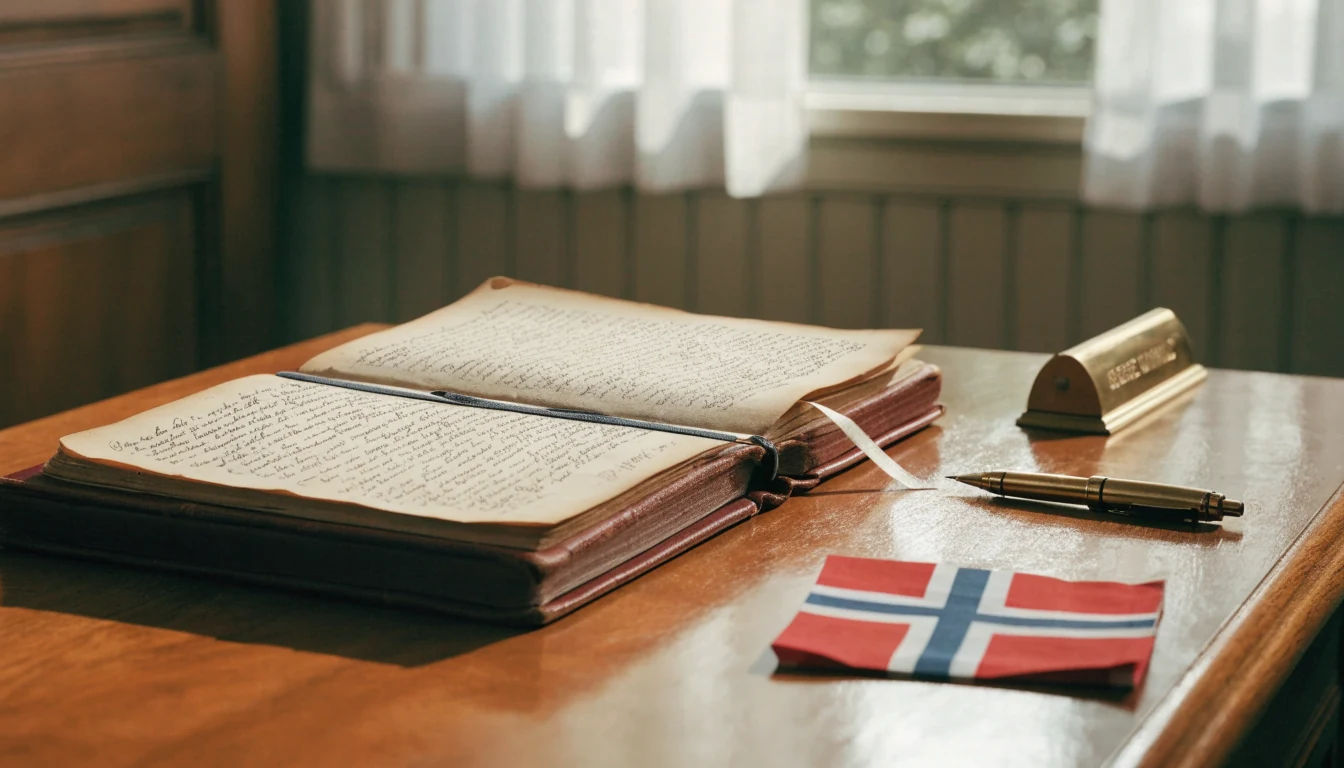 Skrivebord med juridiske dokumenter og norsk flagg