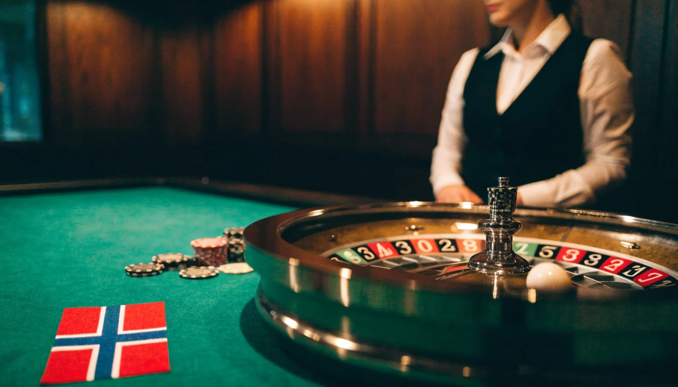 Roulettehjul på et casino med norsk detalj og jetonger på bordet