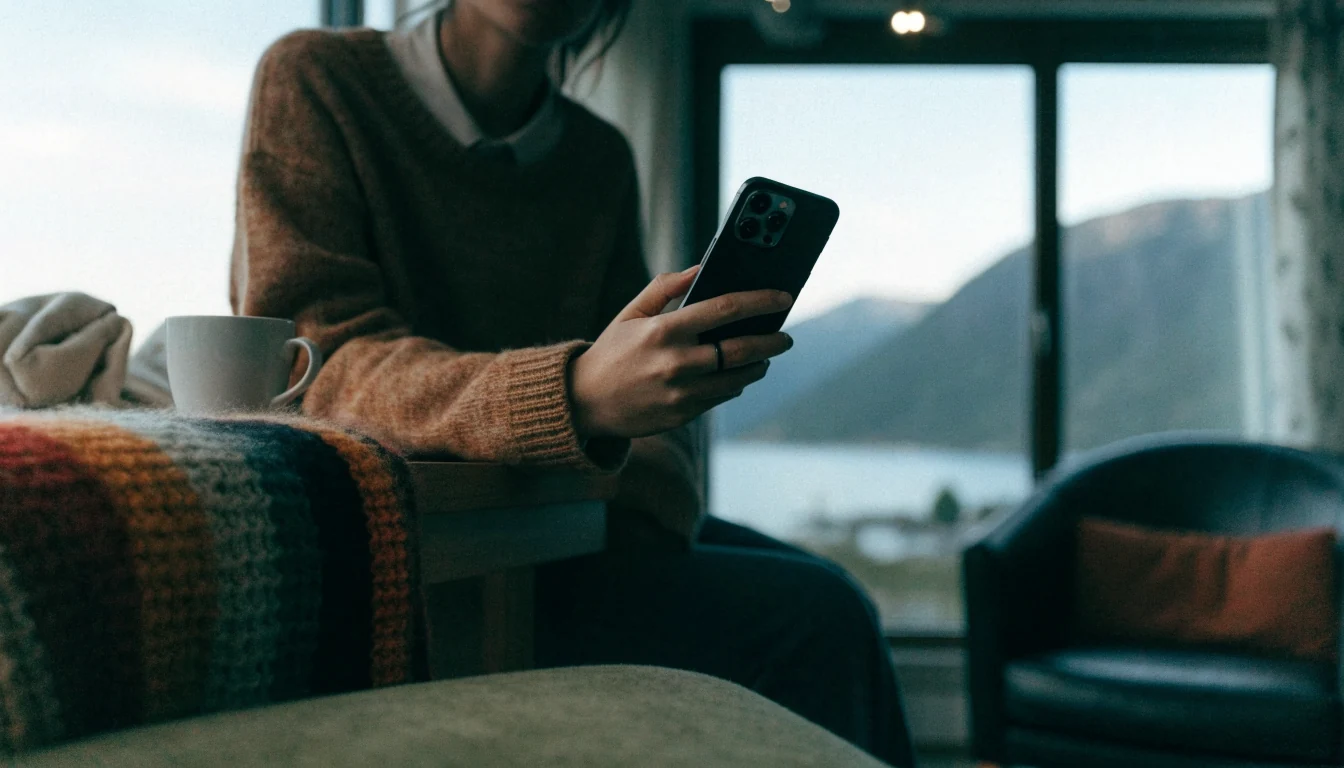 Person som holder en Android-telefon i et moderne norsk hjem