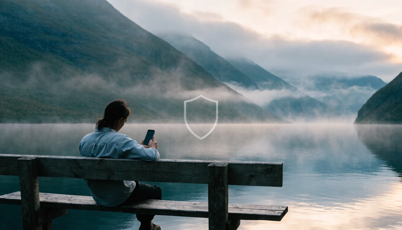 Person som sitter alene ved en norsk fjord og holder en telefon, omgitt av et gjennomsiktig digitalt skjold.